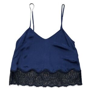 Wilfred camisole crop tank top 100% silk navy blue black lace trim size XXS